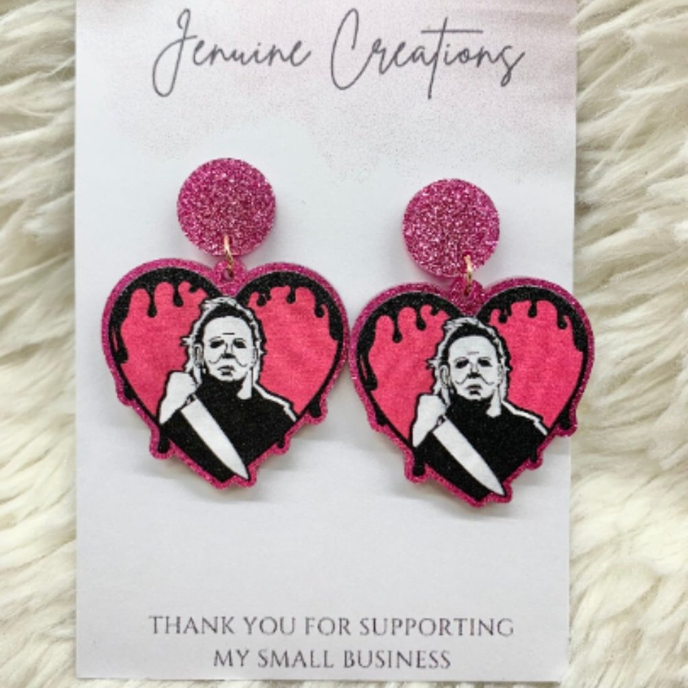 Michael Myers Glitter Heart Earrings, Horror Movie, Valentine's Day, Scary Movie